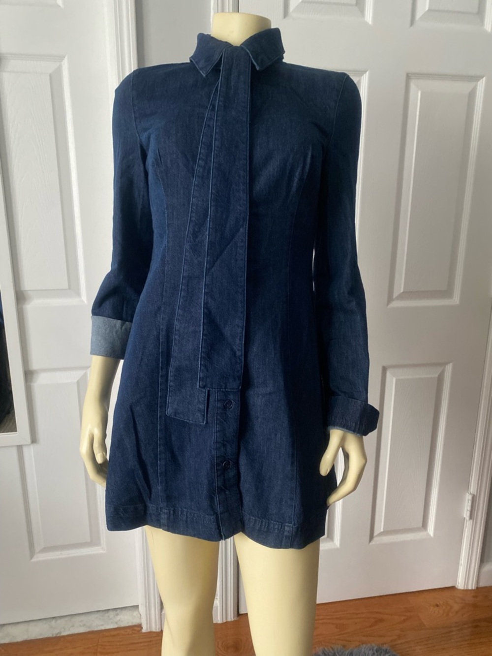 Zara Dark Indigo Denim Tunic Dress with Neck Tie/ Size Small